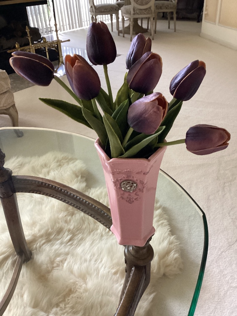 8 Real Touch Tulips in Beautiful Jewel Crested Vase